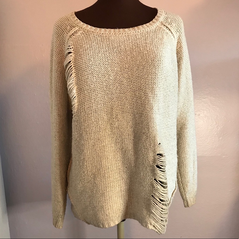 Sparkle & Fade L Cream Oversized Ripped Sweater